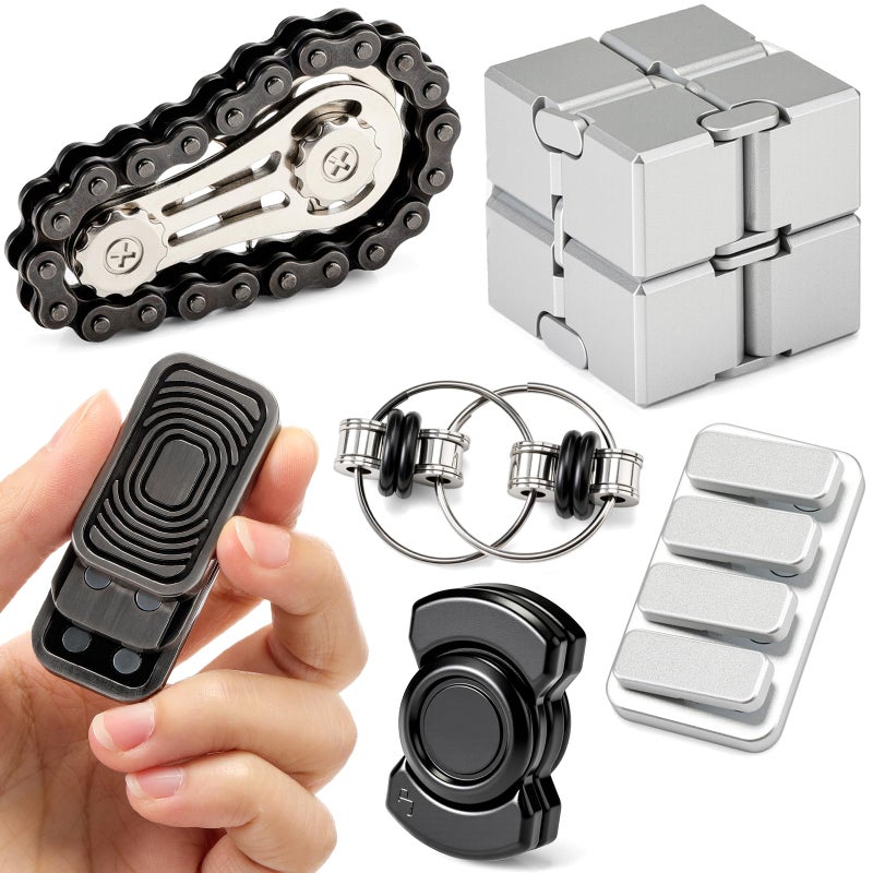 Otoolling 6 Pcs Adult Metal Fidget Toys Set Cool Gadgets for Stress Relief Hand Spinner Slider Clicker Gear Chain Finger Spinner Bike Chain Infinite Cube and Card Pusher Men Office Desk Toy Quiet - Image 3