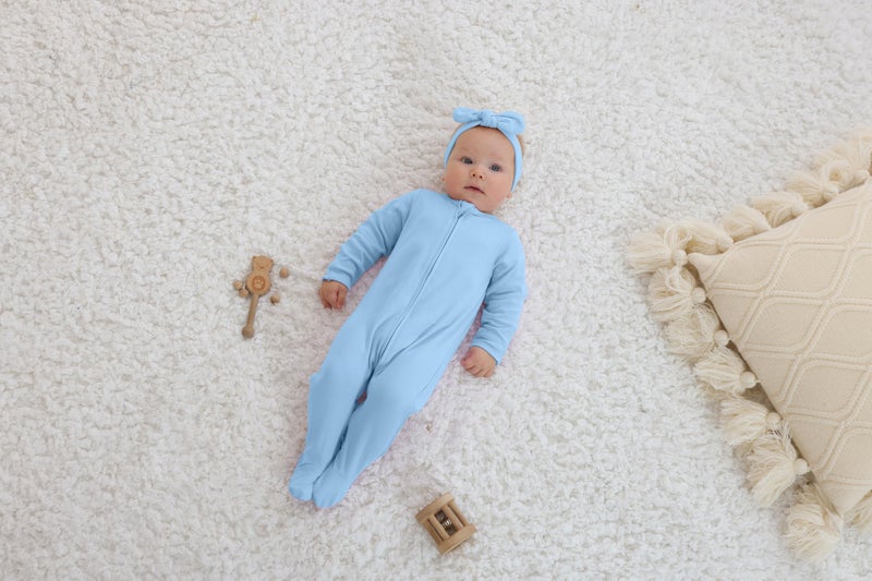 GUISBY Footed Long Sleeve Baby Pajamas with Zipper Cotton Infant Sleepers Light Blue+White 0-3 Months - Image 3
