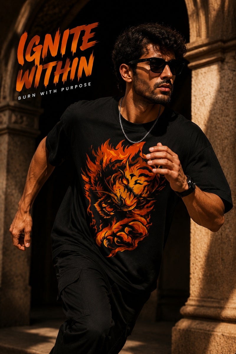 Men's Oversized Black Flame Lion Graphic T-Shirt Casual Short Sleeve Crew Neck Streetwear Tee - Image 3