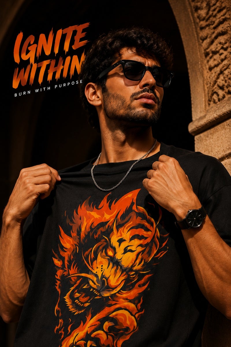 Men's Oversized Black Flame Lion Graphic T-Shirt Casual Short Sleeve Crew Neck Streetwear Tee - Image 1