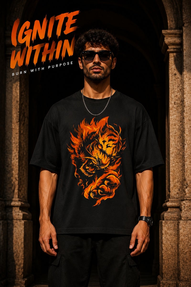 Men's Oversized Black Flame Lion Graphic T-Shirt Casual Short Sleeve Crew Neck Streetwear Tee - Image 2