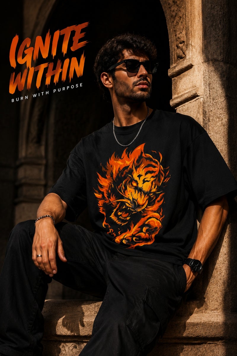 Men's Oversized Black Flame Lion Graphic T-Shirt Casual Short Sleeve Crew Neck Streetwear Tee - Image 4