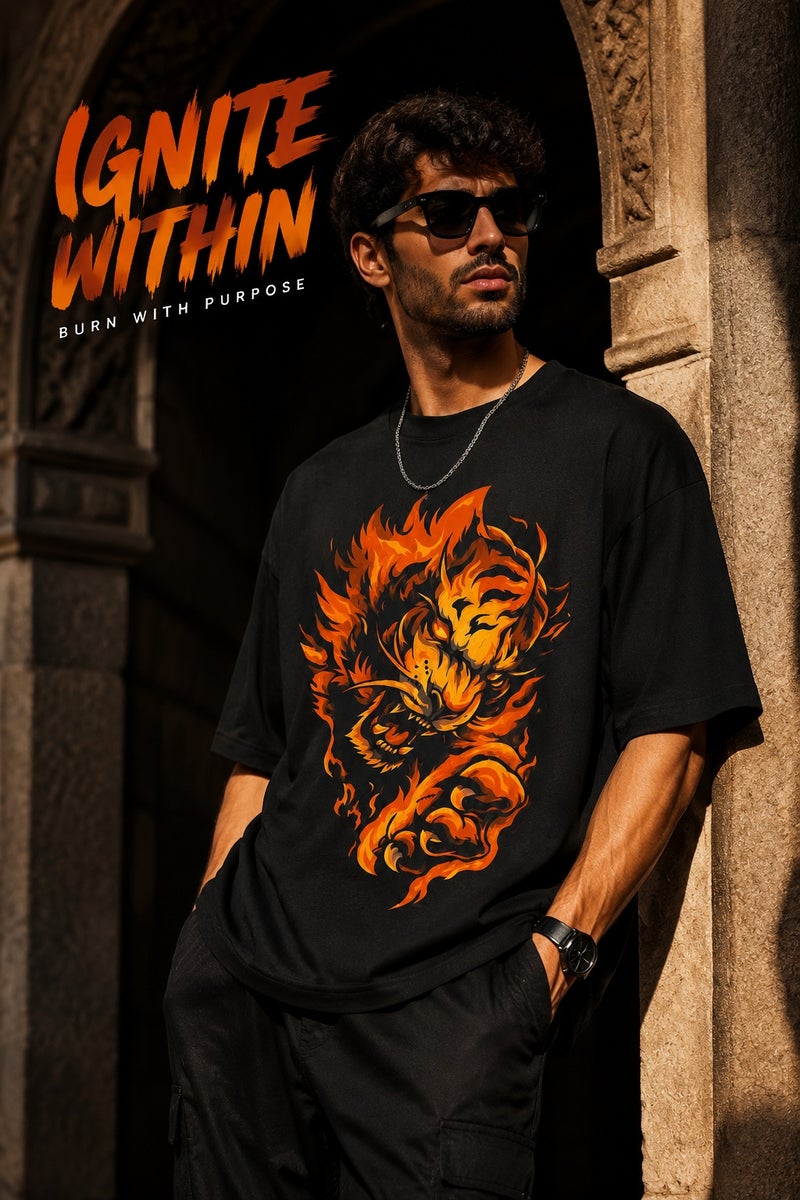 Men's Oversized Black Flame Lion Graphic T-Shirt Casual Short Sleeve Crew Neck Streetwear Tee - Image 5