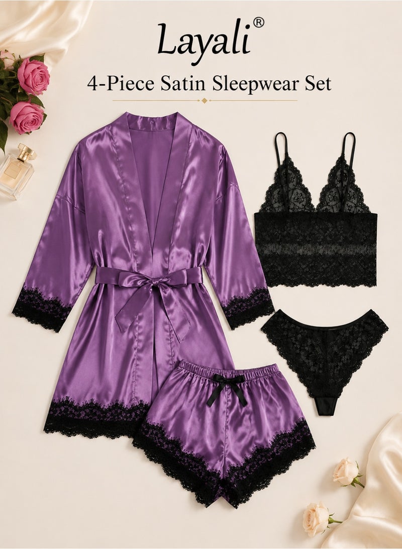 Layali 4 Pack Women's Nightwear Set Lace Trimmed Lightweight Silk Satin Sleepwear Pajama Ladies Summer Breathable Home Wearing Clothes Suits (Underwear + Panties + Robe + Shorts) Purple and Black - Image 1