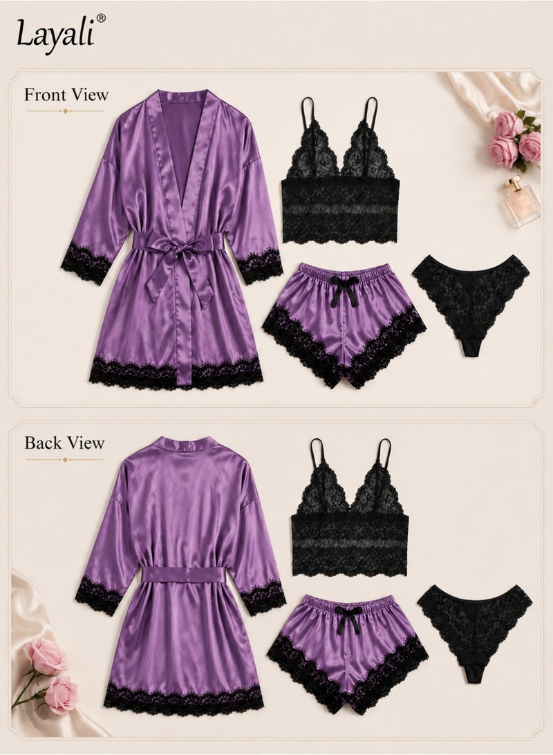 Layali 4 Pack Women's Nightwear Set Lace Trimmed Lightweight Silk Satin Sleepwear Pajama Ladies Summer Breathable Home Wearing Clothes Suits (Underwear + Panties + Robe + Shorts) Purple and Black - Image 2