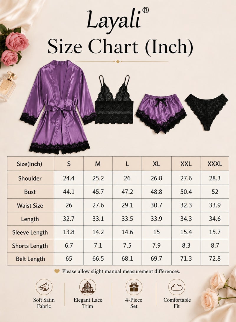 Layali 4 Pack Women's Nightwear Set Lace Trimmed Lightweight Silk Satin Sleepwear Pajama Ladies Summer Breathable Home Wearing Clothes Suits (Underwear + Panties + Robe + Shorts) Purple and Black - Image 5