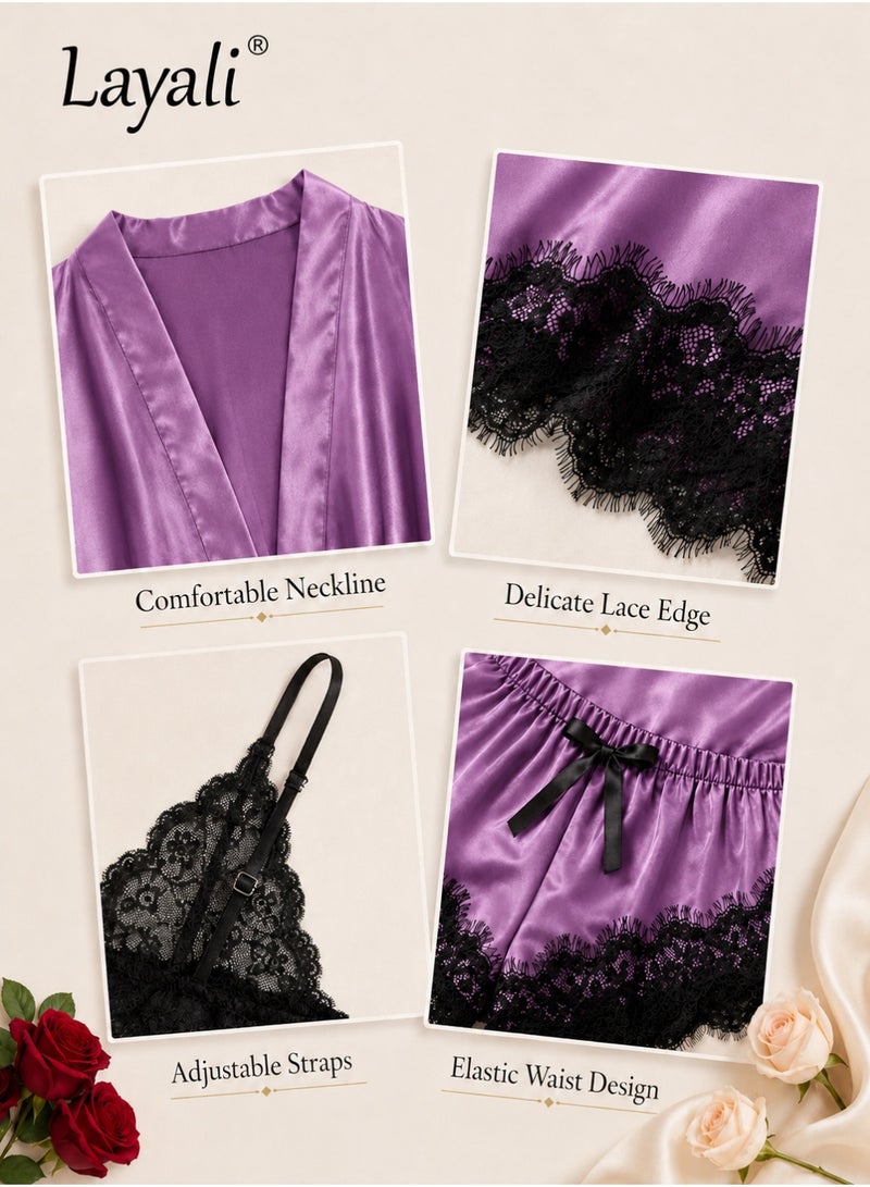 Layali 4 Pack Women's Nightwear Set Lace Trimmed Lightweight Silk Satin Sleepwear Pajama Ladies Summer Breathable Home Wearing Clothes Suits (Underwear + Panties + Robe + Shorts) Purple and Black - Image 4