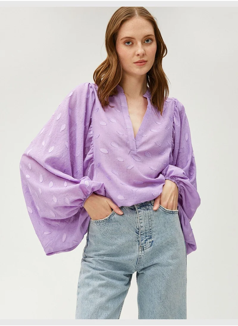 كوتون Bat Sleeve Mandarin Neck Blouse