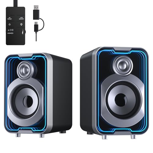 SOULION 2.0 Computer Speakers, 10W USB-Powered Bluetooth Wired PC Speakers with Easy-Control Pod for Desktop, Tiny Desk Soundbar with 5 Mirror-Like LED Light Modes for Monitor Laptop - Black - Image 1