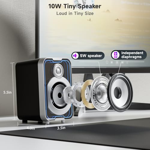 SOULION 2.0 Computer Speakers, 10W USB-Powered Bluetooth Wired PC Speakers with Easy-Control Pod for Desktop, Tiny Desk Soundbar with 5 Mirror-Like LED Light Modes for Monitor Laptop - Black - Image 5