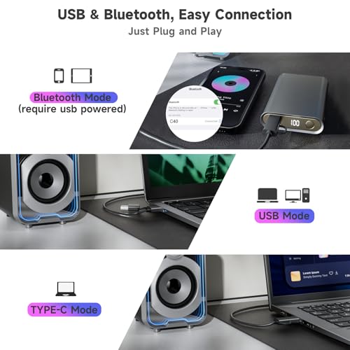 SOULION 2.0 Computer Speakers, 10W USB-Powered Bluetooth Wired PC Speakers with Easy-Control Pod for Desktop, Tiny Desk Soundbar with 5 Mirror-Like LED Light Modes for Monitor Laptop - Black - Image 3