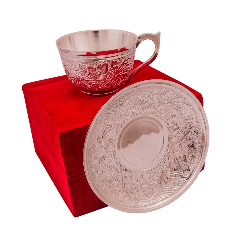 JAIPUR ACE JAIPUR ACE Silver Plated Cup Plate Tea Set with Spoon Brass Cup and Saucer Set Best for Birthday Anniversary Diwali Return Gift  - Image 3