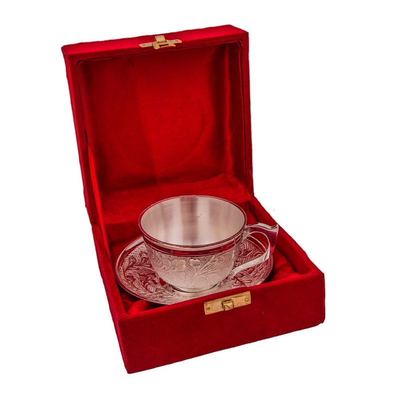 JAIPUR ACE JAIPUR ACE Silver Plated Cup Plate Tea Set with Spoon Brass Cup and Saucer Set Best for Birthday Anniversary Diwali Return Gift  - Image 1