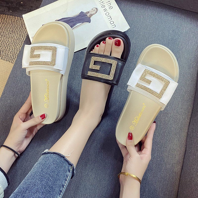 Real Cow Leather Slippers For Women'S Outer Wear 2023 Fashionable All-Match Platform Platform Women'S Rhinestone Sandals Trendy - Image 2