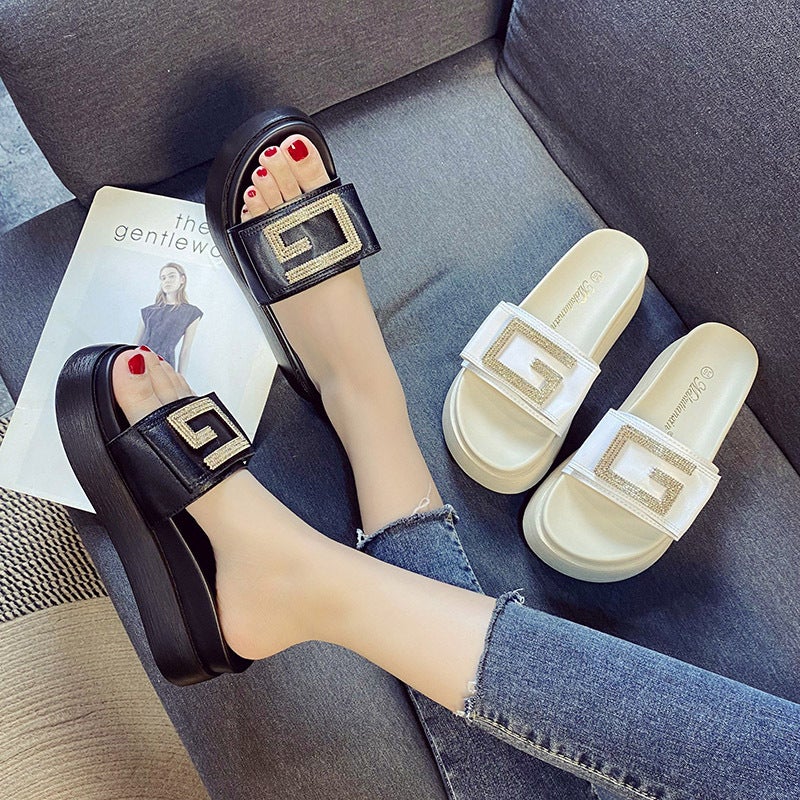 Real Cow Leather Slippers For Women'S Outer Wear 2023 Fashionable All-Match Platform Platform Women'S Rhinestone Sandals Trendy - Image 5