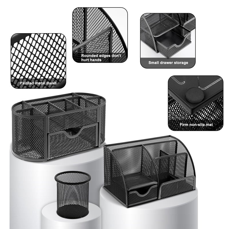 Froidesente 17 in 1 Black Desk Organizers and Accessories Set, 3 Office Desk Supplies Storage Organization, 4 Pens, Stapler, Staples & Remover, Tape & Dispenser, Scissors, Ruler, Clips, Hole Punch, Back to School - Image 3