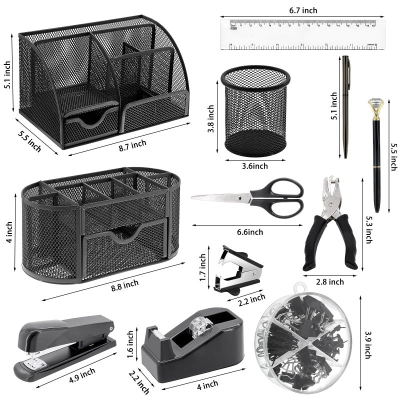 Froidesente 17 in 1 Black Desk Organizers and Accessories Set, 3 Office Desk Supplies Storage Organization, 4 Pens, Stapler, Staples & Remover, Tape & Dispenser, Scissors, Ruler, Clips, Hole Punch, Back to School - Image 2