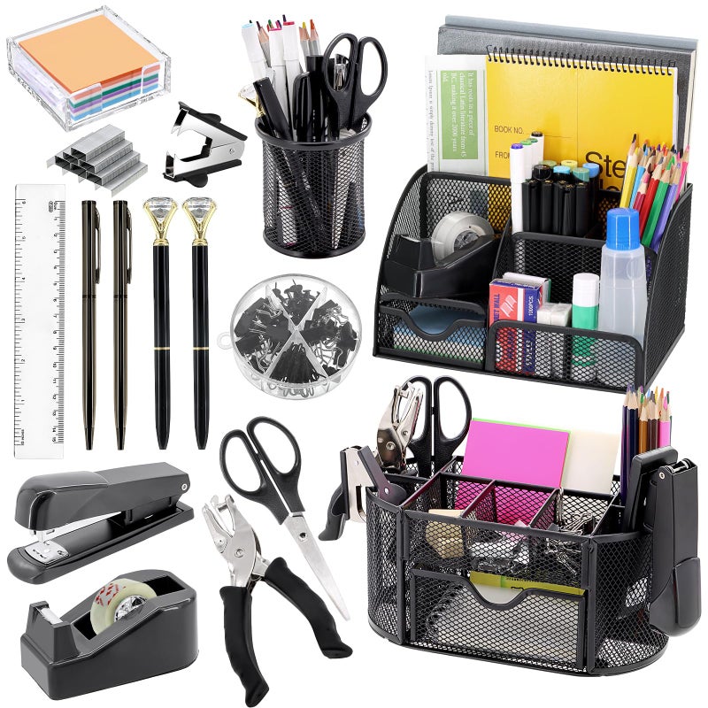 Froidesente 17 in 1 Black Desk Organizers and Accessories Set, 3 Office Desk Supplies Storage Organization, 4 Pens, Stapler, Staples & Remover, Tape & Dispenser, Scissors, Ruler, Clips, Hole Punch, Back to School - Image 1
