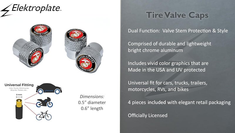 Elektroplate Officially Licensed United States Marine Corps Insignia Bright Chrome Aluminum Knurling Tire Valve Stem Caps | Universal Fit for Cars, Bikes, Trucks, RV, Motorcycles, Trailers (Pack of 4) - Image 3