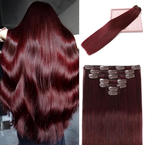 LORIEN Clip in Hair Extensions Real Human Hair, 18 Inch 100g, 99J Burgundy, Clip in 100% Brazilian Remy Human Hair Extensions 8pcs Per Set with 18 Clips Double Weft - Image 1