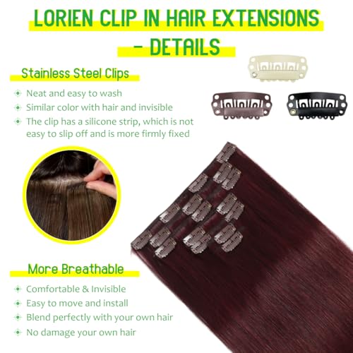 LORIEN Clip in Hair Extensions Real Human Hair, 18 Inch 100g, 99J Burgundy, Clip in 100% Brazilian Remy Human Hair Extensions 8pcs Per Set with 18 Clips Double Weft - Image 4