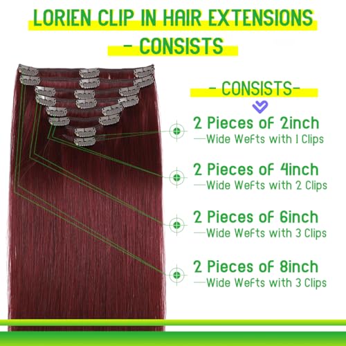 LORIEN Clip in Hair Extensions Real Human Hair, 18 Inch 100g, 99J Burgundy, Clip in 100% Brazilian Remy Human Hair Extensions 8pcs Per Set with 18 Clips Double Weft - Image 3