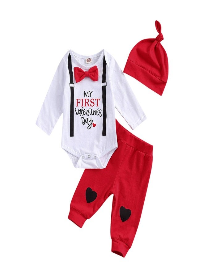 Gureui My First Valentines Baby Boy Outfit Newborn Long Sleeve Romper Onesie Heart Print Pants Hat Toddler Infant Clothes (A White My First Valentine, 0-3 Months) - Image 1
