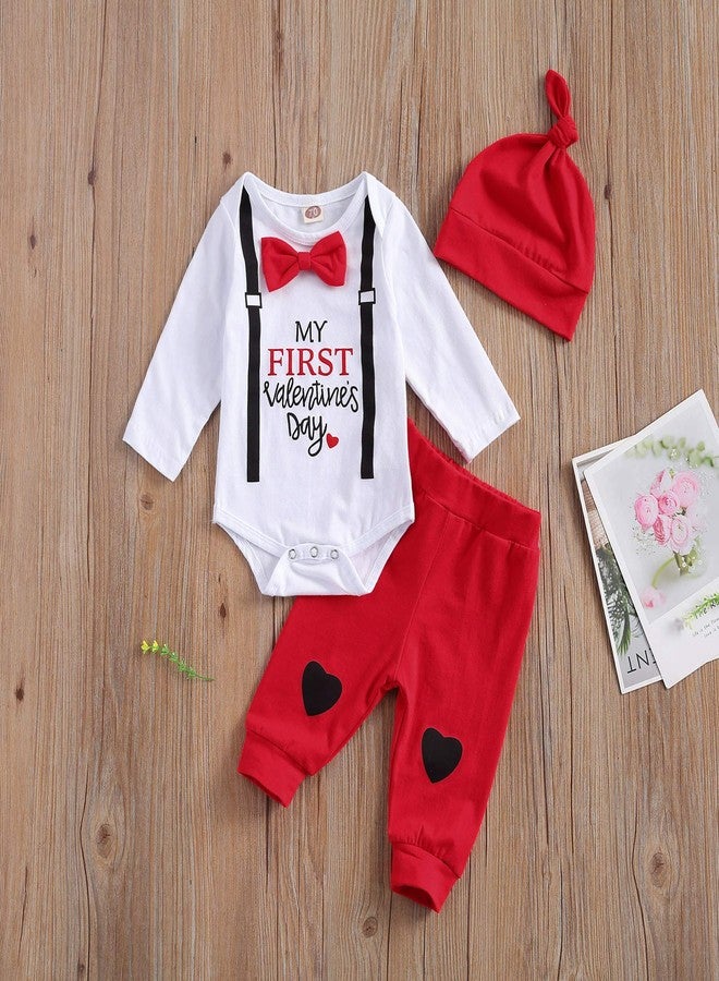 Gureui My First Valentines Baby Boy Outfit Newborn Long Sleeve Romper Onesie Heart Print Pants Hat Toddler Infant Clothes (A White My First Valentine, 0-3 Months) - Image 2
