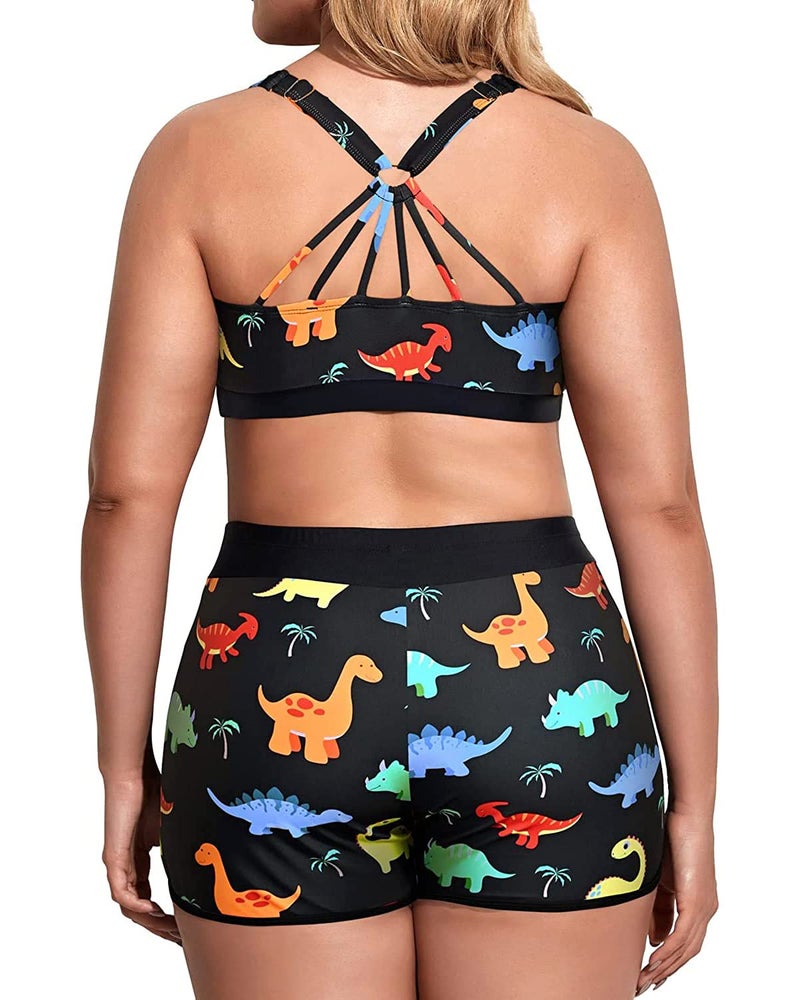 Holipick Women Black Dinosaur Plus Size 3 Piece Tankini Swimsuits Athletic Bathing Suits with Boy Shorts Tank Top with Sports Bra 16W - Image 3