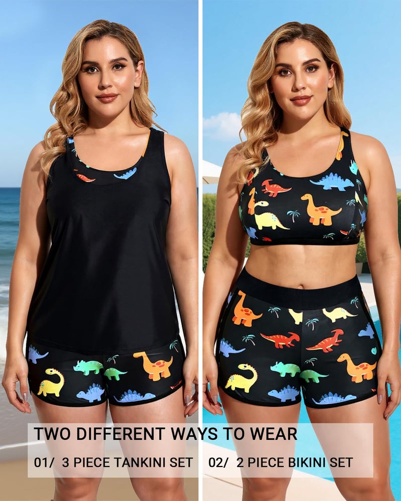 Holipick Women Black Dinosaur Plus Size 3 Piece Tankini Swimsuits Athletic Bathing Suits with Boy Shorts Tank Top with Sports Bra 16W - Image 4