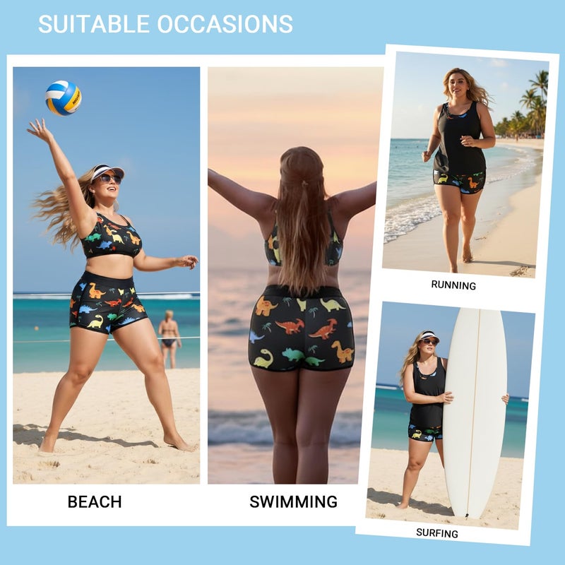 Holipick Women Black Dinosaur Plus Size 3 Piece Tankini Swimsuits Athletic Bathing Suits with Boy Shorts Tank Top with Sports Bra 16W - Image 5