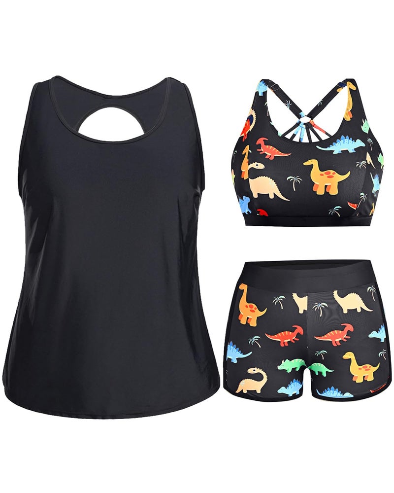 Holipick Women Black Dinosaur Plus Size 3 Piece Tankini Swimsuits Athletic Bathing Suits with Boy Shorts Tank Top with Sports Bra 16W - Image 1