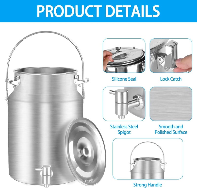 Togarhow 304 Stainless Steel 10 Liter Milk Can Milk Bucket Wine Pail Bucket with Spigot 2.64 Gallon Milk Can Tote Jug with Sealed Lid Heavy Duty for Milk and Wine - Image 3