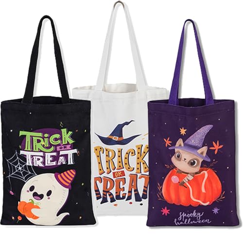 ATFUNSHOP Trick or Treat Bags Halloween Bags 3PACKS Cat Ghost Canvas Reusable Large Tote Bucket for Kids - Image 1