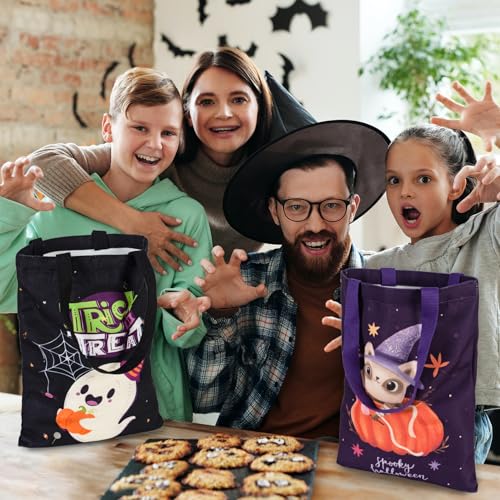 ATFUNSHOP Trick or Treat Bags Halloween Bags 3PACKS Cat Ghost Canvas Reusable Large Tote Bucket for Kids - Image 2
