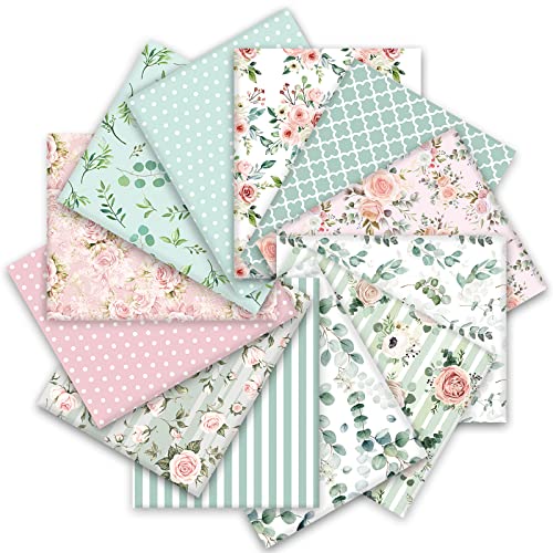 Whaline 12Pcs Spring Cotton Fabric Bundles 18 x 22 Inch Floral Greenery Printed Fat Quarters Pink Green Retro Quilting Patchwork Squares Sewing Fabrics for DIY Handmade Crafting Home Party Decor - Image 1