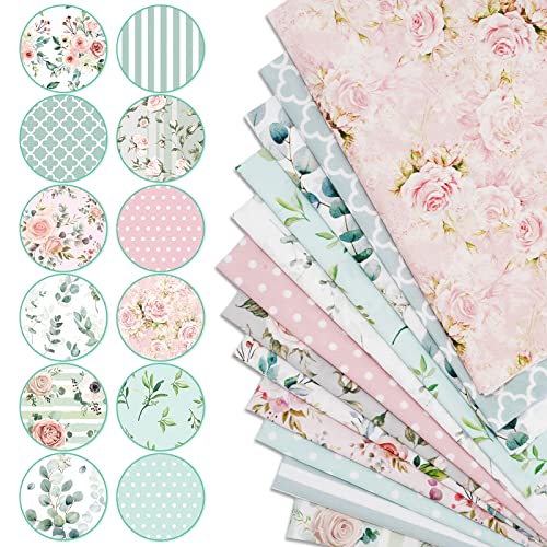 Whaline 12Pcs Spring Cotton Fabric Bundles 18 x 22 Inch Floral Greenery Printed Fat Quarters Pink Green Retro Quilting Patchwork Squares Sewing Fabrics for DIY Handmade Crafting Home Party Decor - Image 3