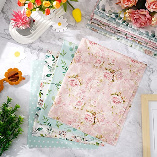 Whaline 12Pcs Spring Cotton Fabric Bundles 18 x 22 Inch Floral Greenery Printed Fat Quarters Pink Green Retro Quilting Patchwork Squares Sewing Fabrics for DIY Handmade Crafting Home Party Decor - Image 4