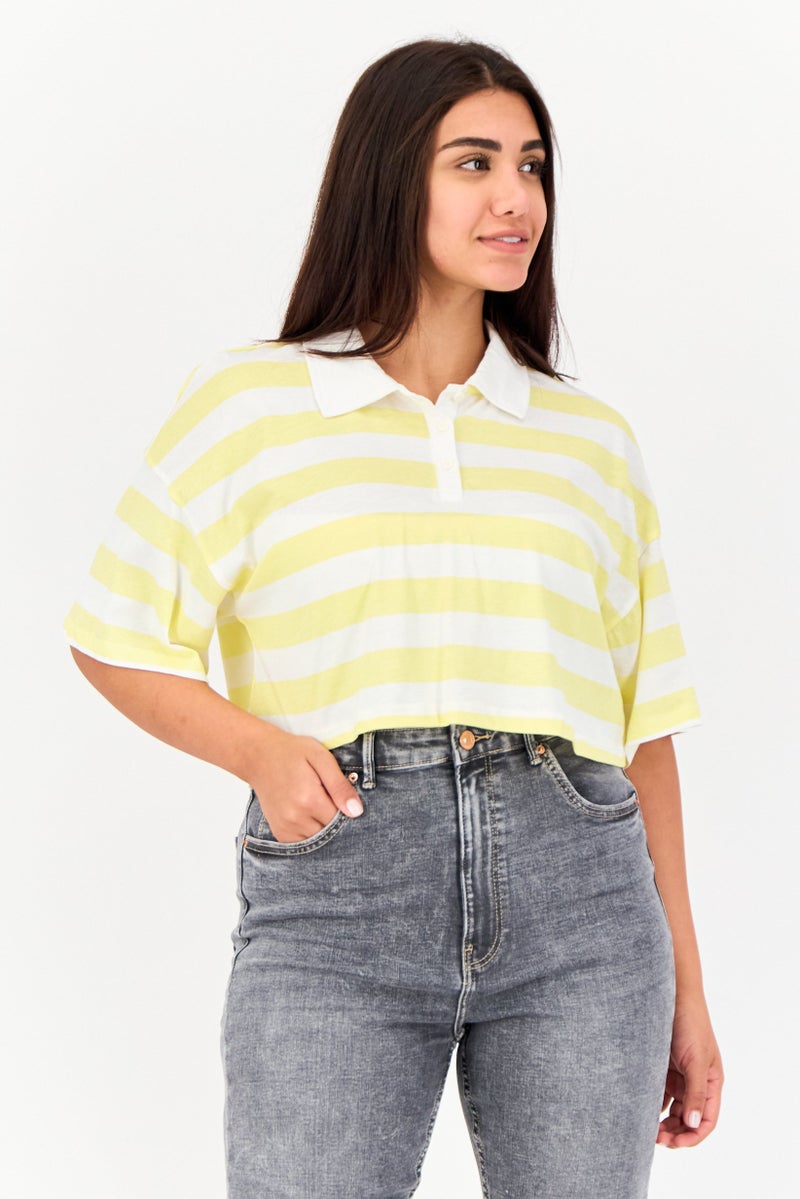 ONLY Women Spread Collar Short Sleeve Stripe Polo Shirt, Multicolor  - Image 1