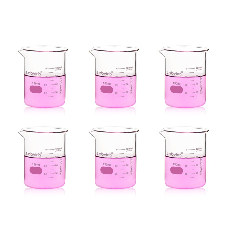 Labvida 6pcs 150ml Upgrated Thick Glass Beakers Griffin Low Form Beaker Set with Doube Scale 33 Boro LVA006