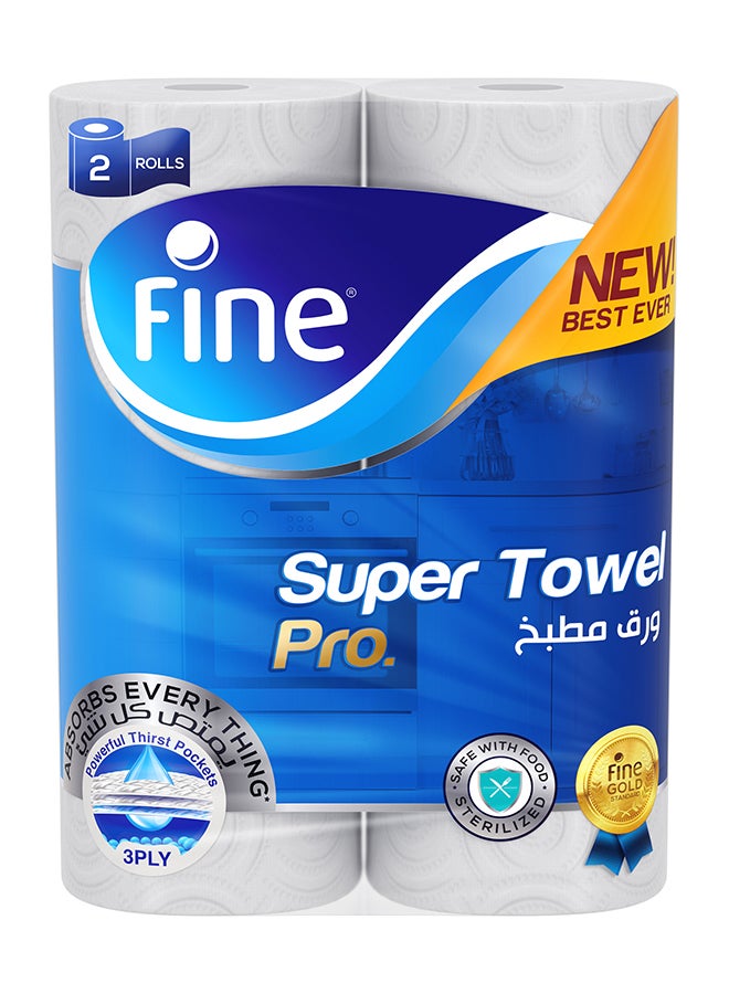 Fine Towel Pro, Highly Absorbent, Sterilized And Half Perforated Kitchen Paper Towel, 3 Ply 60 Sheets Pack Of 2 White - Image 1