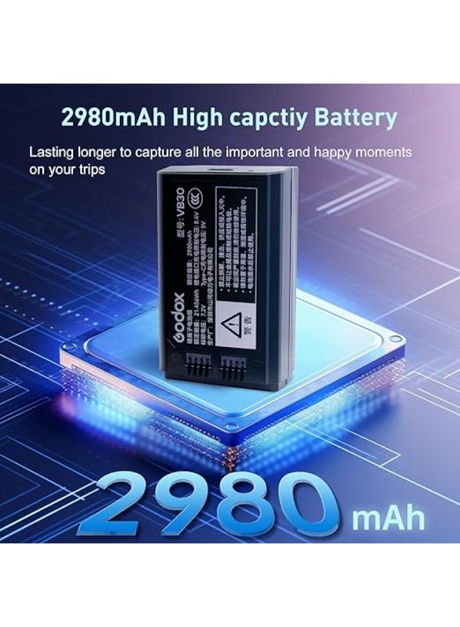 Godox V100 V1 V1Pro Battery Replacement V30 Battery with Type-C Charge 7.2V/2980mAh for V100C V100N V100S V1Pro-C V1Pro-N V1Pro-S V1C V1N V1S Camera Flash (VB26 Upgrade)- VB-26  - Image 2