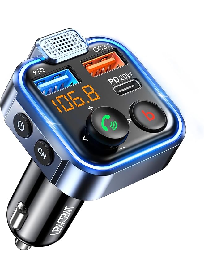 Lencent Car Fm Transmitter, Wireless Bluetooth 5.3 Radio Adapter Car Kit, Pd3.0 Type C 20W+Qc3.0 Car Fast Charger, Hands Free Calling, Bass Lossless Hi-Fi Sound Support U Disk - Image 1