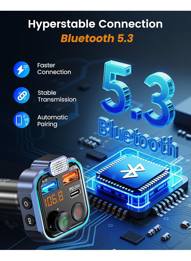 Lencent Car Fm Transmitter, Wireless Bluetooth 5.3 Radio Adapter Car Kit, Pd3.0 Type C 20W+Qc3.0 Car Fast Charger, Hands Free Calling, Bass Lossless Hi-Fi Sound Support U Disk - Image 4