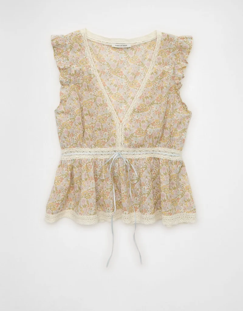 American Eagle  AE Lace Trim Flutter Sleeve Blouse for Women | Best Price UAE