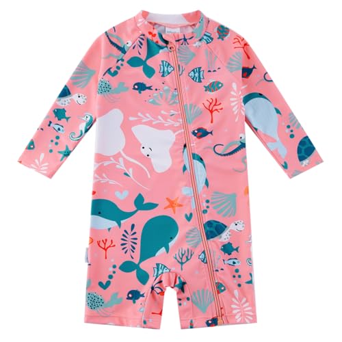 upandfast Baby/Toddler Girl Swimwear Swimsuit Full Zipper Infant One Piece Sunsuit UPF50+(9-12 Months,Pink Whale) - Image 1