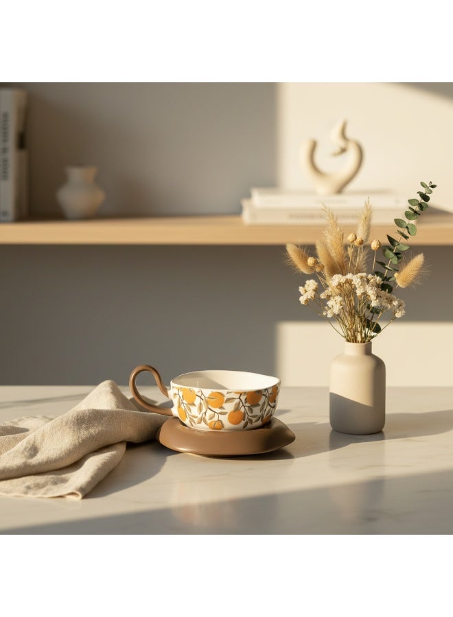 AKDC Elegant White Ceramic Tea Cup with Orange Fruit Print & Taupe Saucer, Modern Tea Set 200ml - Image 5