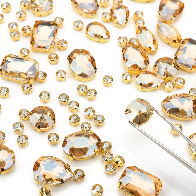 Choupee Champagne Sew On Rhinestones, Gold Prong Setting Rhinestone 130PCS Sewing Claw Rhinestone Mixed Shapes Sew On Glass Gems for Jewelry, Clothes, Costume, Shoes,Dress, Garments - Image 2