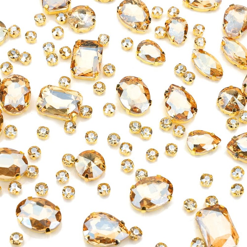 Choupee Champagne Sew On Rhinestones, Gold Prong Setting Rhinestone 130PCS Sewing Claw Rhinestone Mixed Shapes Sew On Glass Gems for Jewelry, Clothes, Costume, Shoes,Dress, Garments - Image 1