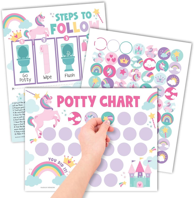 Hadley Designs Potty Training Chart for Toddlers Girls -10 Sticker Potty Chart for Toddlers Girls, 8.5x11" Potty Training Sticker Charts for Toilet Success, Unicorn Toddler Reward Chart for Kids - Image 1